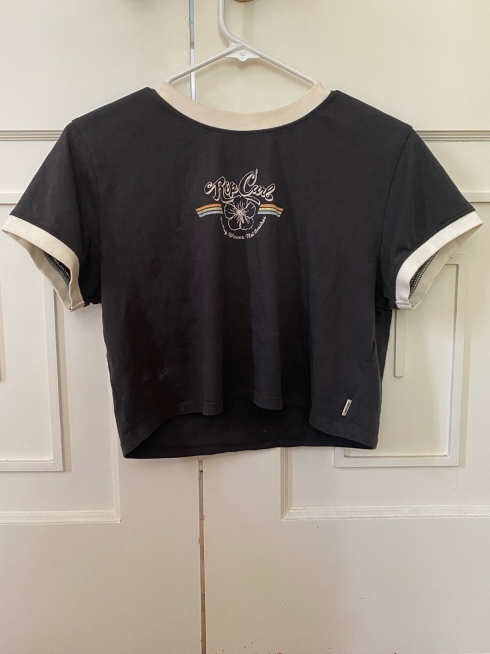 Rip Curl Black Cropped Ringer Tee with Cream Trim